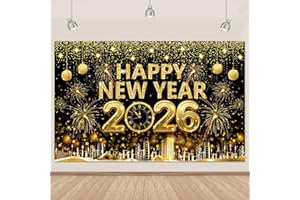 Gold 2026 Happy New Year Banner Backdrop 5.9×3.6 Ft Gold Glitter 2026 Backdrop with Clock Fireworks Sparkling Happy New Year Decorations Banner Family Party Photo Booth (Polyester) Retyshia