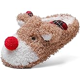 ASHION Women's Cute Fuzzy Reindeer House Slippers Stuffed Animal Bedroom Slippers Cozy Christmas Indoor Shoes