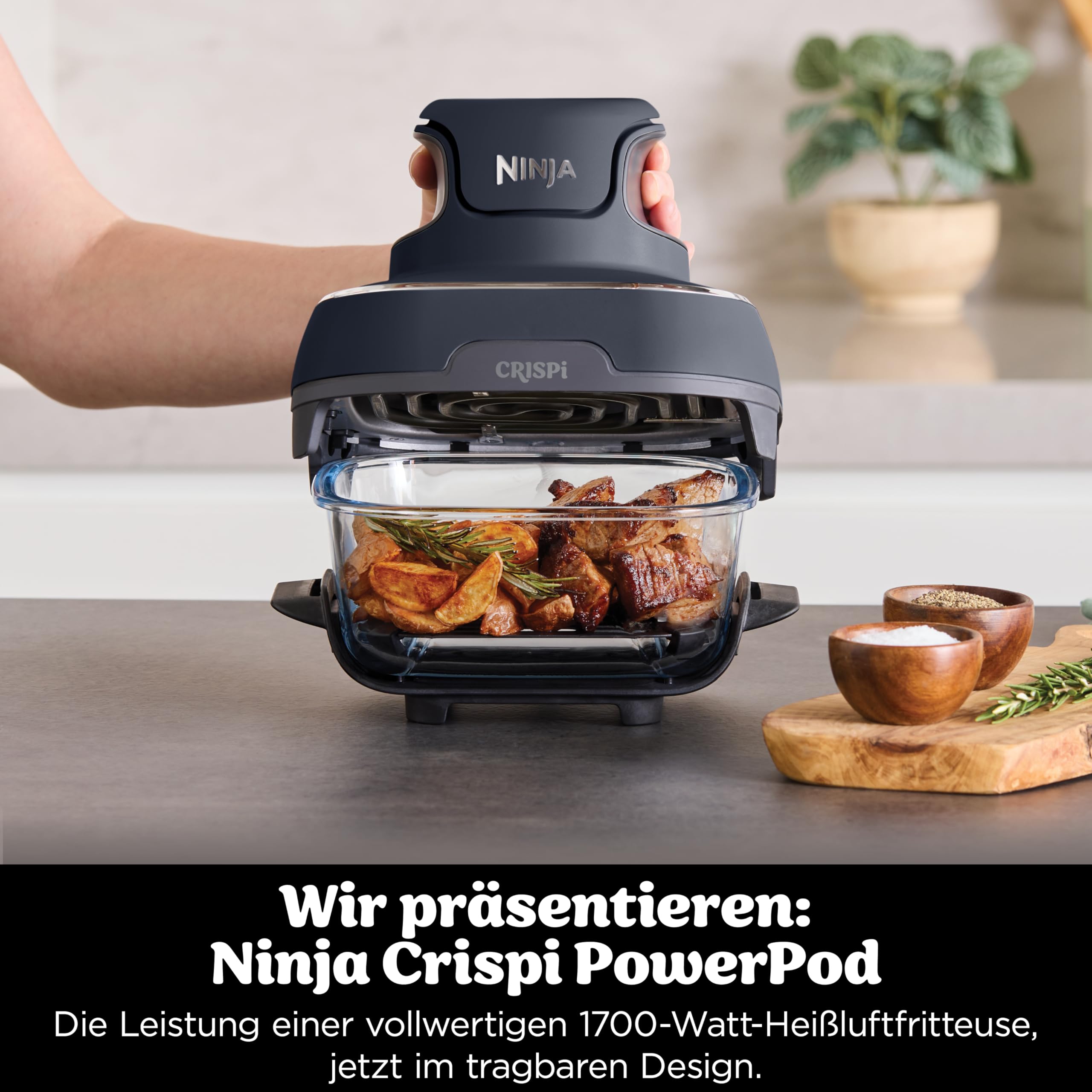 Ninja CRISPi Tragbare Air Fryer Heißluftfritteuse, 3,8 l, 4-in-1: Heißluftfrittieren, Braten, Warmhalten, Recrisp, Kompakt, 6 Portionen, 2 Herausnehmbare Glasbehälter & Deckel, 1700W, Grau FN101EUGY 3