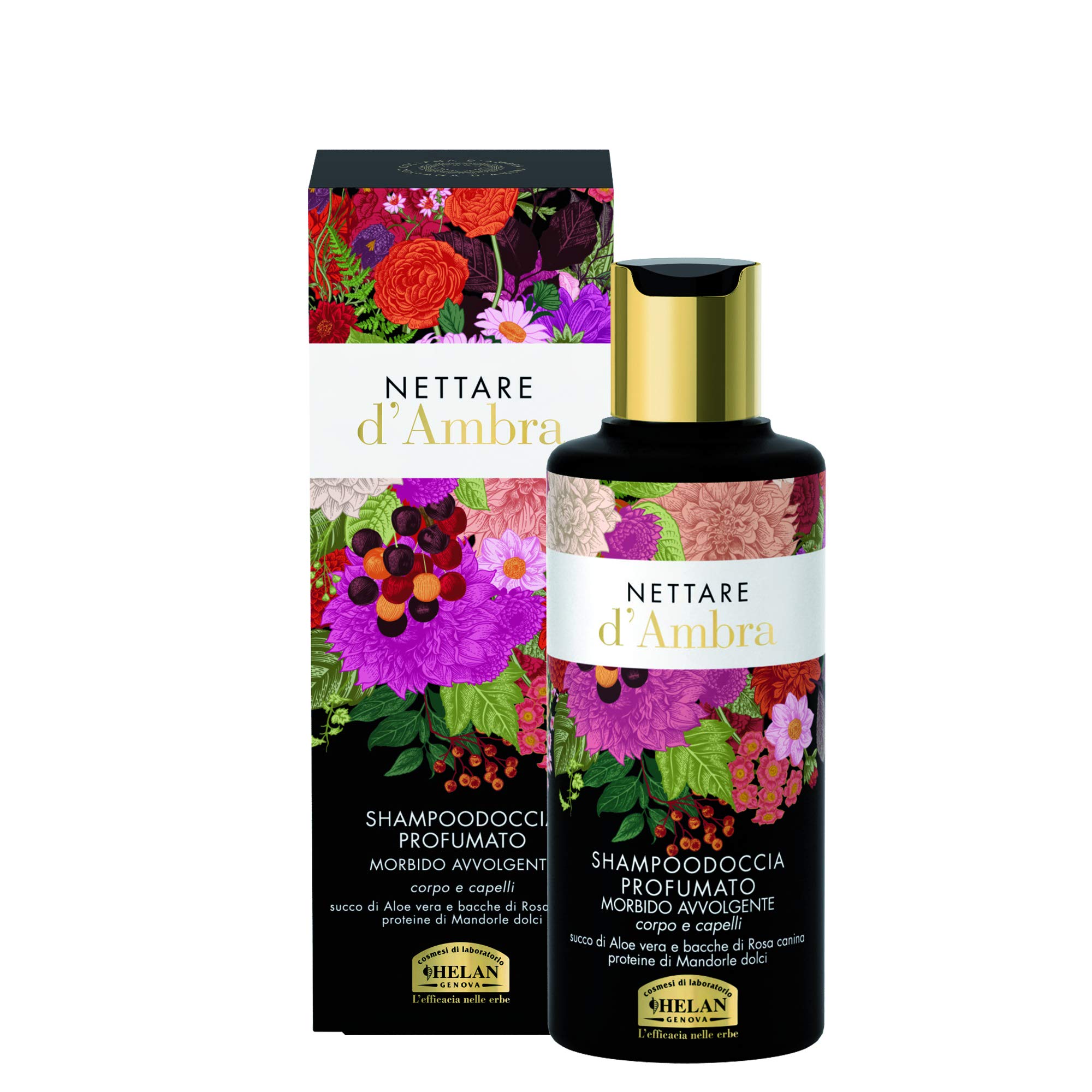 Helan Nettare d'Ambra - Gentle Shower Gel & Shampoo with Aloe Vera Juice & Sweet Almond Proteins, Moisturising & Emollient Action - Scented Hair & Body Wash with Rosehip Berries - Made in Italy 200 ml