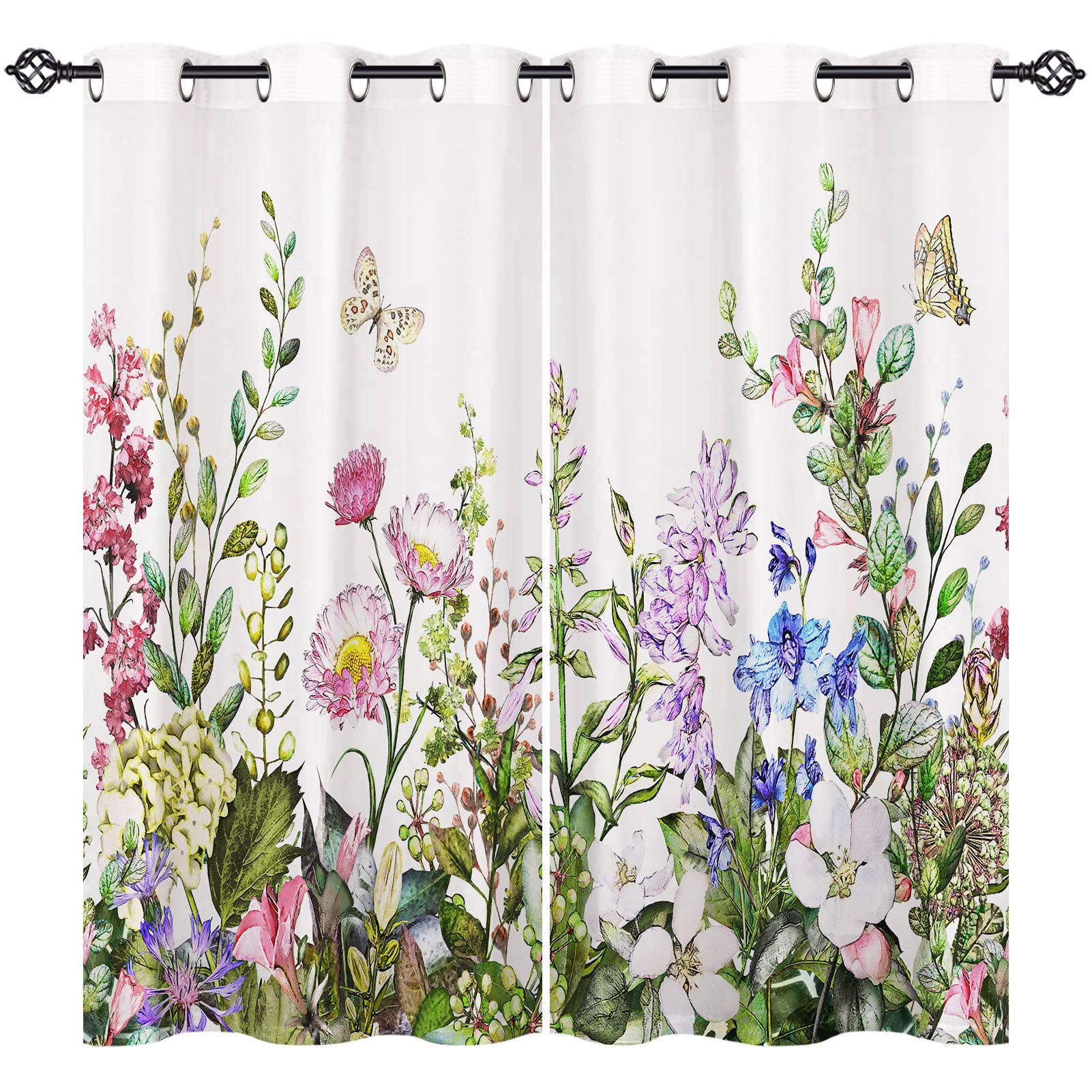 ANHOPE Floral Curtains Eyelet Soft Thermal Insulated Blackout Curtains Watercolor Botanical Flower Butterfly Print Pattern Ring Top Window Drapes for Bedroom Living Room 46 x 54 Inch Drop 2 Panels