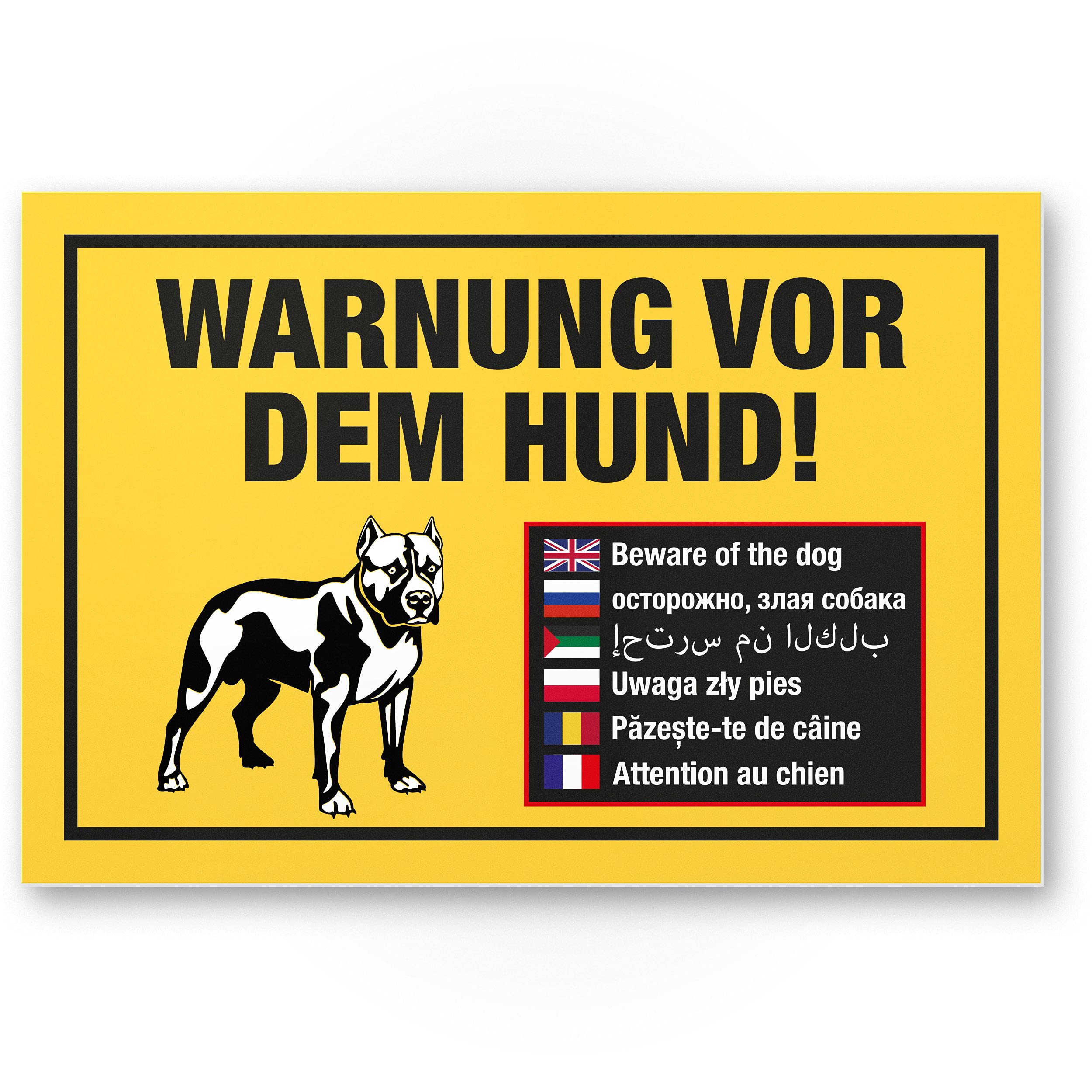Warning Before The Dog Plastic Sign multilingual (Yellow), Weatherproof, Dog Sign for The Garden gate, Driveway gate, Door Sign Deterrent, Warning Sign Burglary Protection.