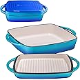 Bruntmor 2-in-1 Pre-Seasoned Square Cast Iron Dutch Oven with Dual Handles, Non Stick Pan with Grill, All-in-One Cookware Set, Cast Iron Casserole Dish with Lid for Braising Dishes,Caribbean Blue