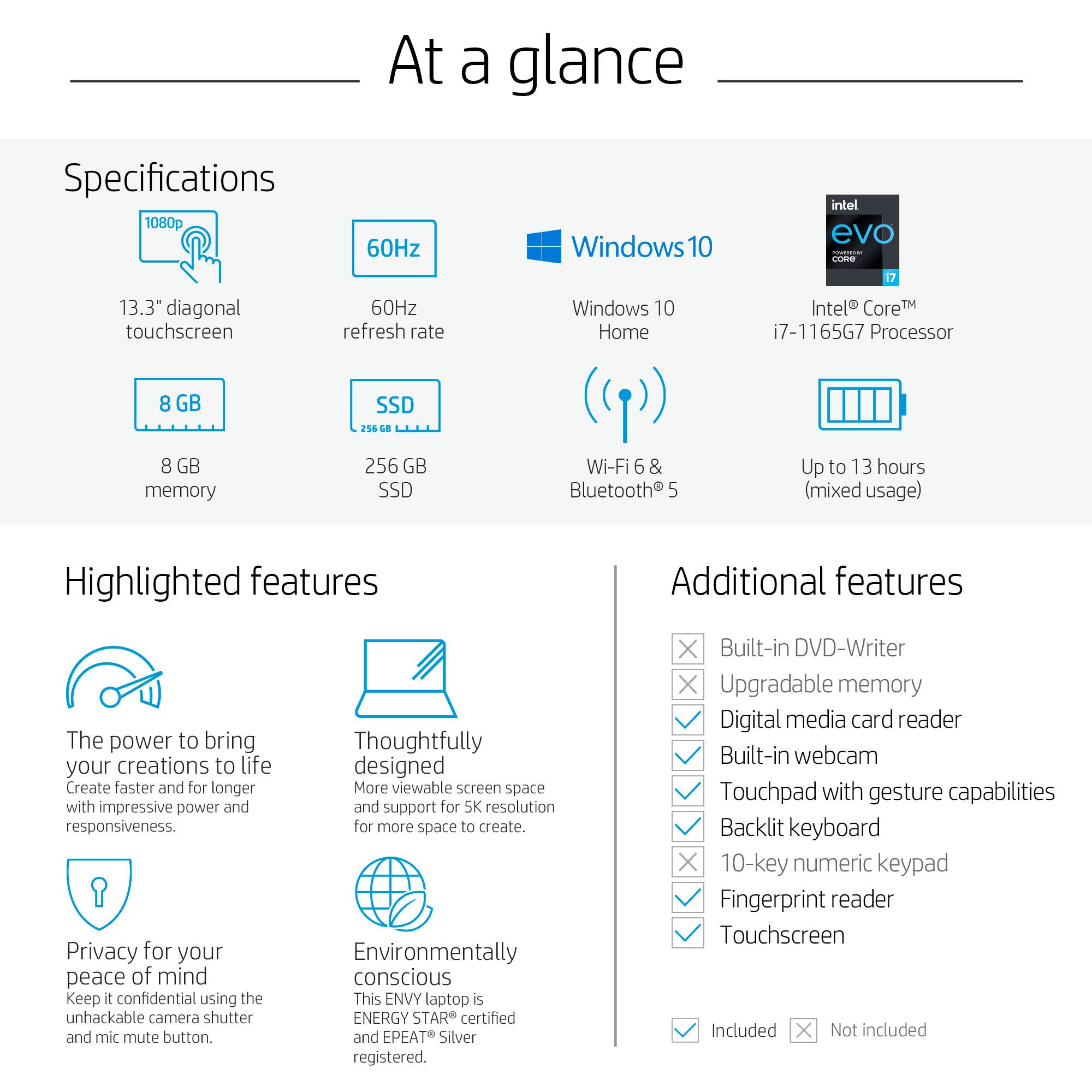 HP ENVY 13 Laptop, Intel Core i7-1165G7, 8 GB DDR4 RAM, 256 GB SSD Storage, 13.3-inch FHD Touchscreen Display, Windows 10 Home With Fingerprint Reader, Camera Kill Switch (13-ba1010nr, 2020 Model)