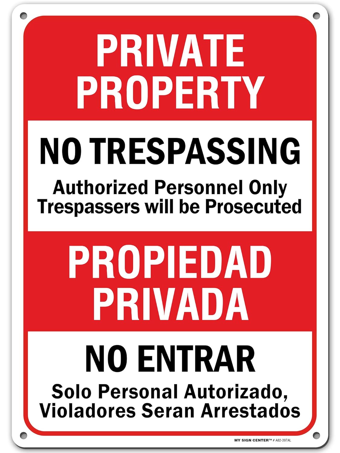 No Trespassing Signs Private Property, Bilingual English/Spanish 10” x