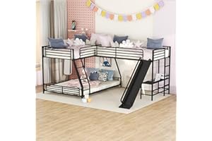 Bellemave Triple Bunk Beds, L-Shape Twin Over Full Bunk Bed Attached a Loft Bed with Desk, Triple Bunk Beds with Slide, Metal Corner Bunk Bed Frame for Three Kids Boys Girls Teens, Black
