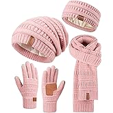 Womens Winter Beanie Hat Scarf Gloves Headband Set, Slouchy Beanie Ear Warmer Knit Scarf Touchscreen Gloves Warm 4 Gift Set