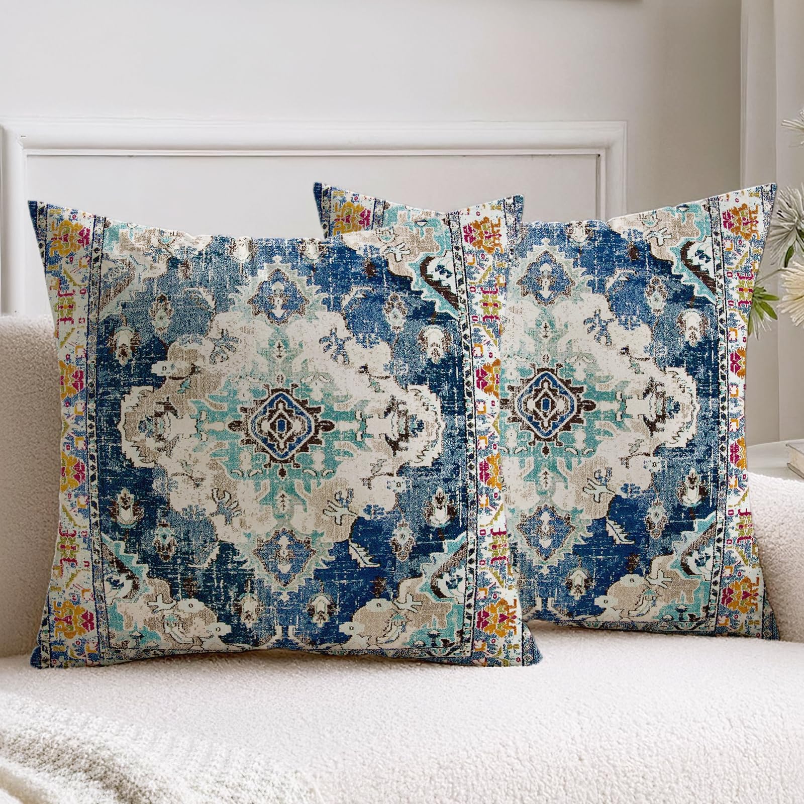 Vorysum Set of 2 Bohemian Style Cushion Covers 45x45 cm Retro Floral Mandala Compass Medallion Decorative Square Throw Pillow Covers 18x18 Inch Sofa Pillowcase for Bed Living Room Couch Decor (Blue)