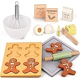 Pillowhale Wooden Gingerbread Cookie Baking Set, 18 Pcs Pretend Play Kitchen Toy with Whisk, Bowl, Tray, Rolling Pin & Expressive Cookies, Pretend Play Baking Set Montessori Gift for Kids Ages 3+