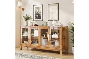 LUXOAK Sideboard Cabinet with Glass Doors, 63" Buffet Sideboard with Storage & Adjustable Shelves, Mirrored Wood Mid Century Modern Sideboard Table for Kitchen, Dining Room, Living Room
