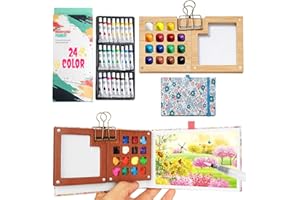 Mini Watercolor Paint Set - 24 Color Portable Watercolor Paint Kit with Travel Sketch Book,Palette & Water Brush Pen for Begi