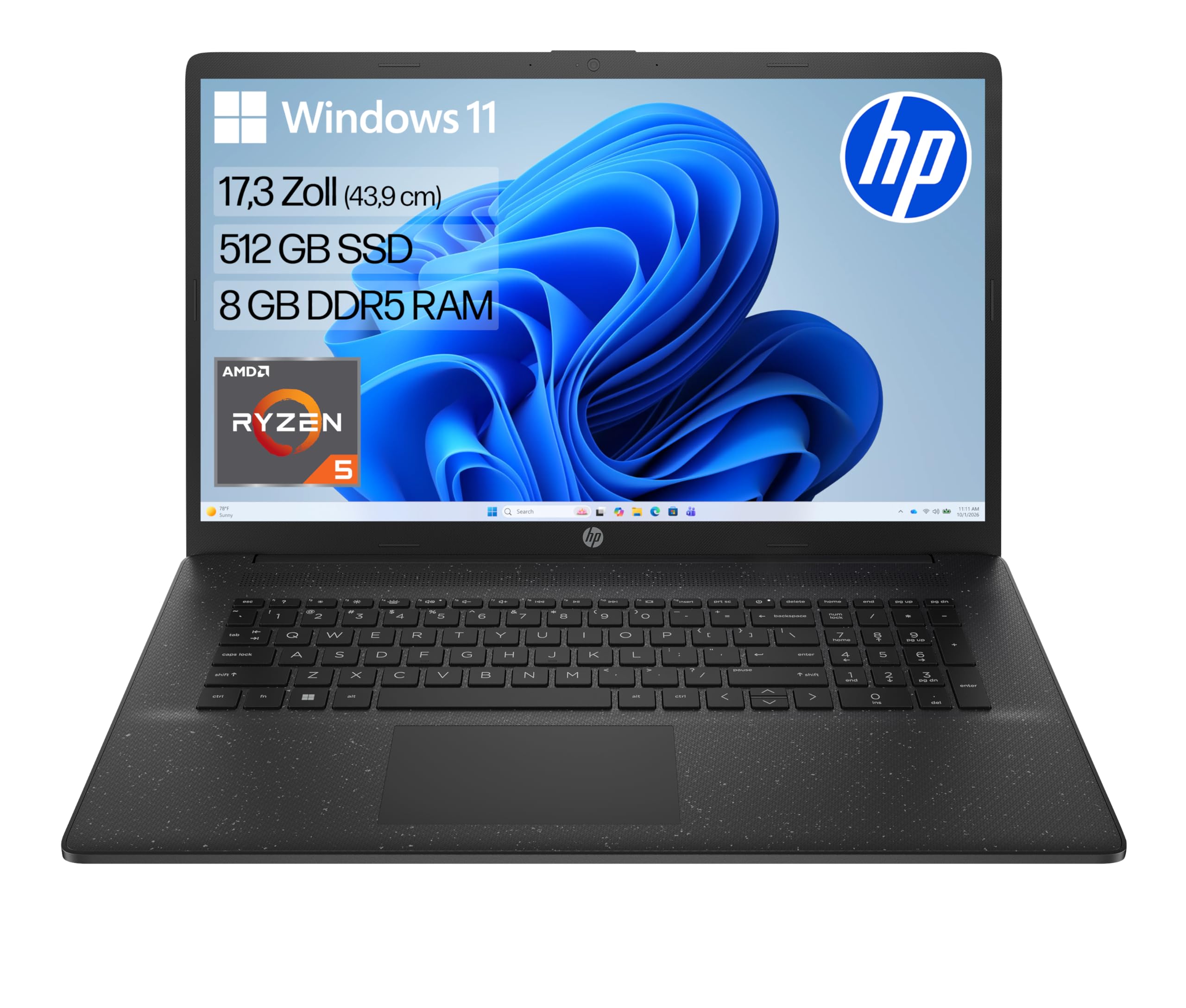 HP Laptop mit 17,3" FHD Display, AMD Ryzen 5 7520U, 8GB DDR5 RAM, 512 GB SSD, AMD Radeon-Grafik, Windows 11, QWERTZ, Schwarz inkl. 25 GB Dropbox-Speicher für 12 Monate
