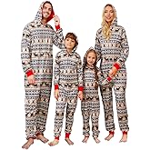 VNVNE Matching Christmas Onesie Pajamas Set for Family/Couples/Women/Men, One Piece Xmas Pjs Hooded Zipper Printed Sleepwear