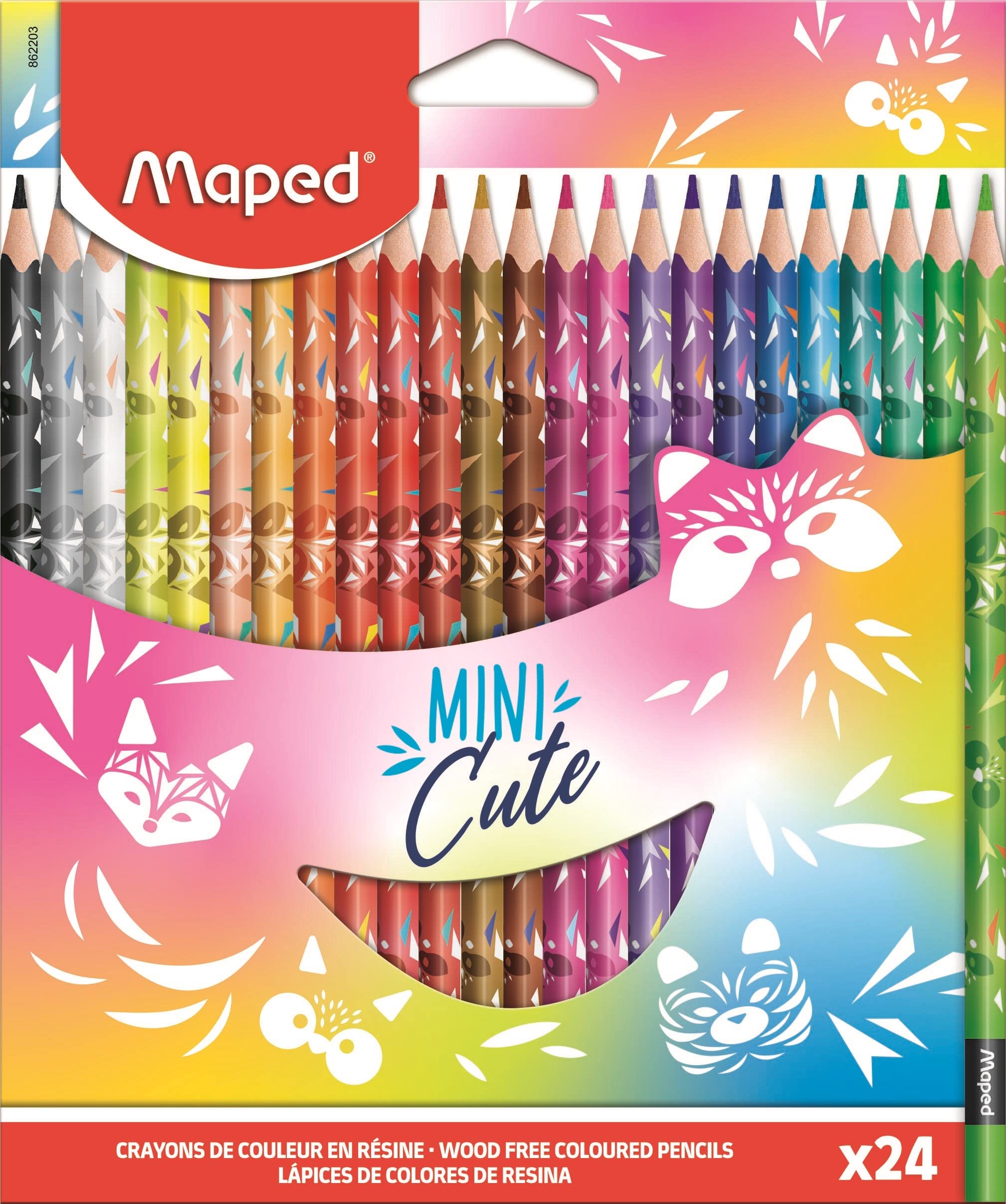 Maped - Mini Cute Collection Coloured Pencils - 24 Cute Colouring Pencils - Bright Colours and Resistant Lead - Pack of 24 Mini Cute Decorated Pencils, Multicolored (862203)