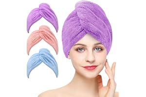 BEoffer Microfiber Hair Towel, 3 Pack Turbans for Women, Men, Kids, Quick Dry Wrap for Curly, Long Hair, Anti-Frizz (Purple+Pink+Blue)