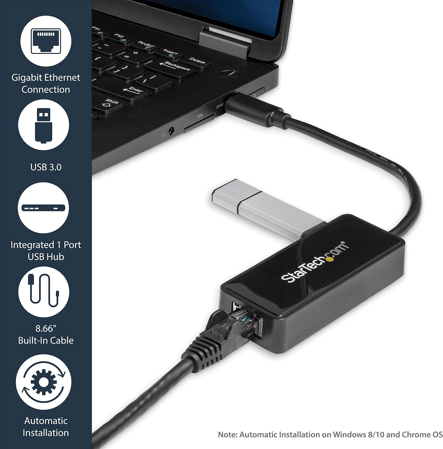 StarTech.com USB 3.0 Ethernet Adapter - USB 3.0 Network Adapter NIC with USB Port - USB to RJ45 - USB Passthrough (USB31000SPTB), Black - Image 4