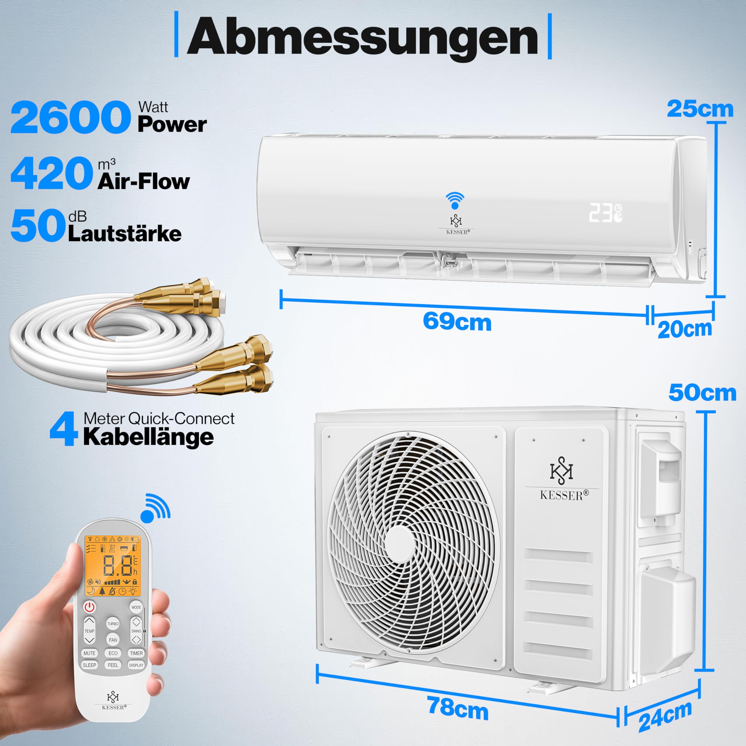 KESSER® Split Klimaanlage Set Quick Connect 9000 BTU 2,6 kW – WiFi & App Klimagerät mit Heizfunktion & Kühlmodus Wandklimaanlage, mit Kupferleitung Kältemittel R32 Inkl. Montagematerial 6