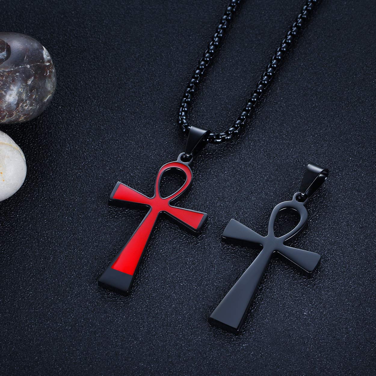 Rehoboth Ankh Ancient Egyptian Coptic Cross Pendant Necklace for Womens Mens 24 Inch Stainless Steel Chain Black Gold Silver