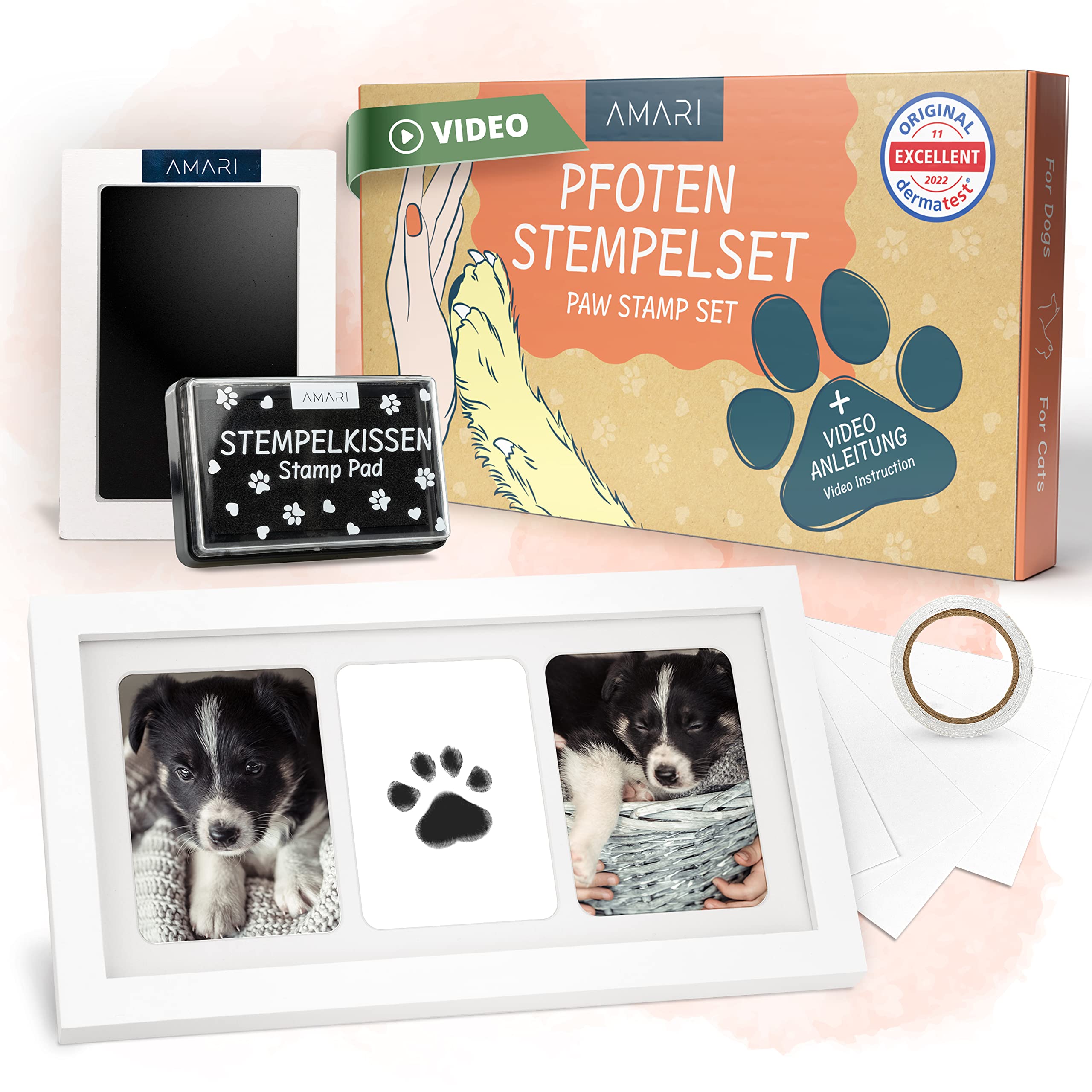 Amari ® Pet Paw Print Kit with 2 stamp pads and 4 print cards - Paw print kit for dogs and cats - paw print dog footprint kit animal mess free puppy memorial pa print kit