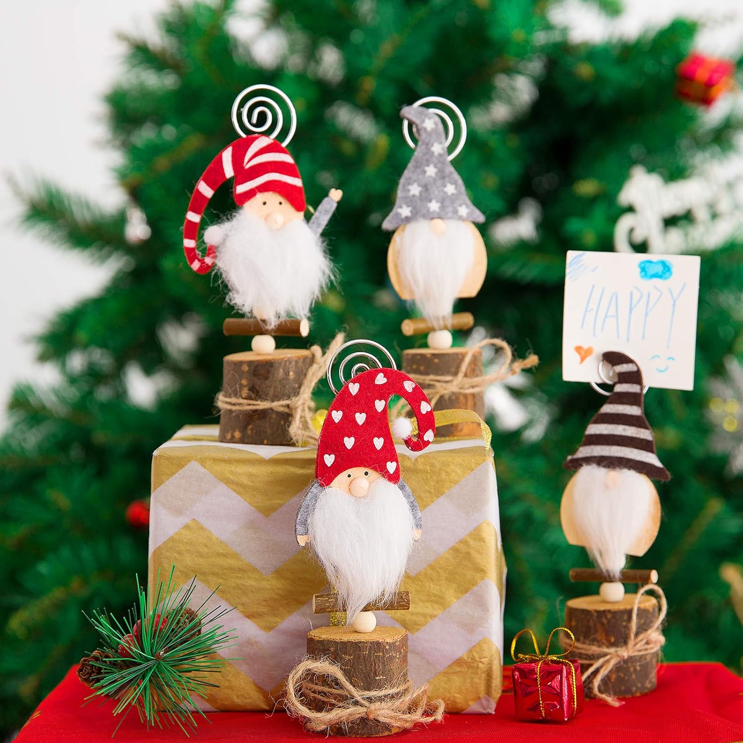Set of 6 Christmas Swedish Tomte Card Holders- Xmas Plush Gnome Dolls Table Photo Holder in 4 Styles Wood Based Cartoon Clips for Memo Card Photo Xmas Table Display Deors Christmas Holiday Centerpiece: Home & Kitchen