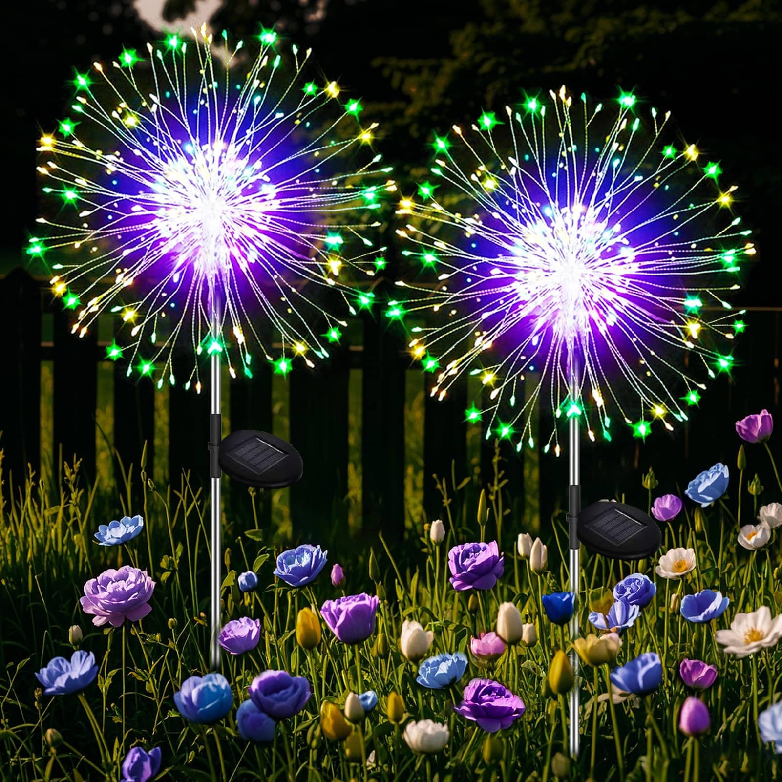 Joycome Garden Solar Lights, 2 Pack 120 LED Firework Solar Lights Outdoor Garden, 8 Modes Starburst Light Waterproof Dandelion Light for Yard Lawn Balcony Flowerbed Patio Pathway Party - Multicolor