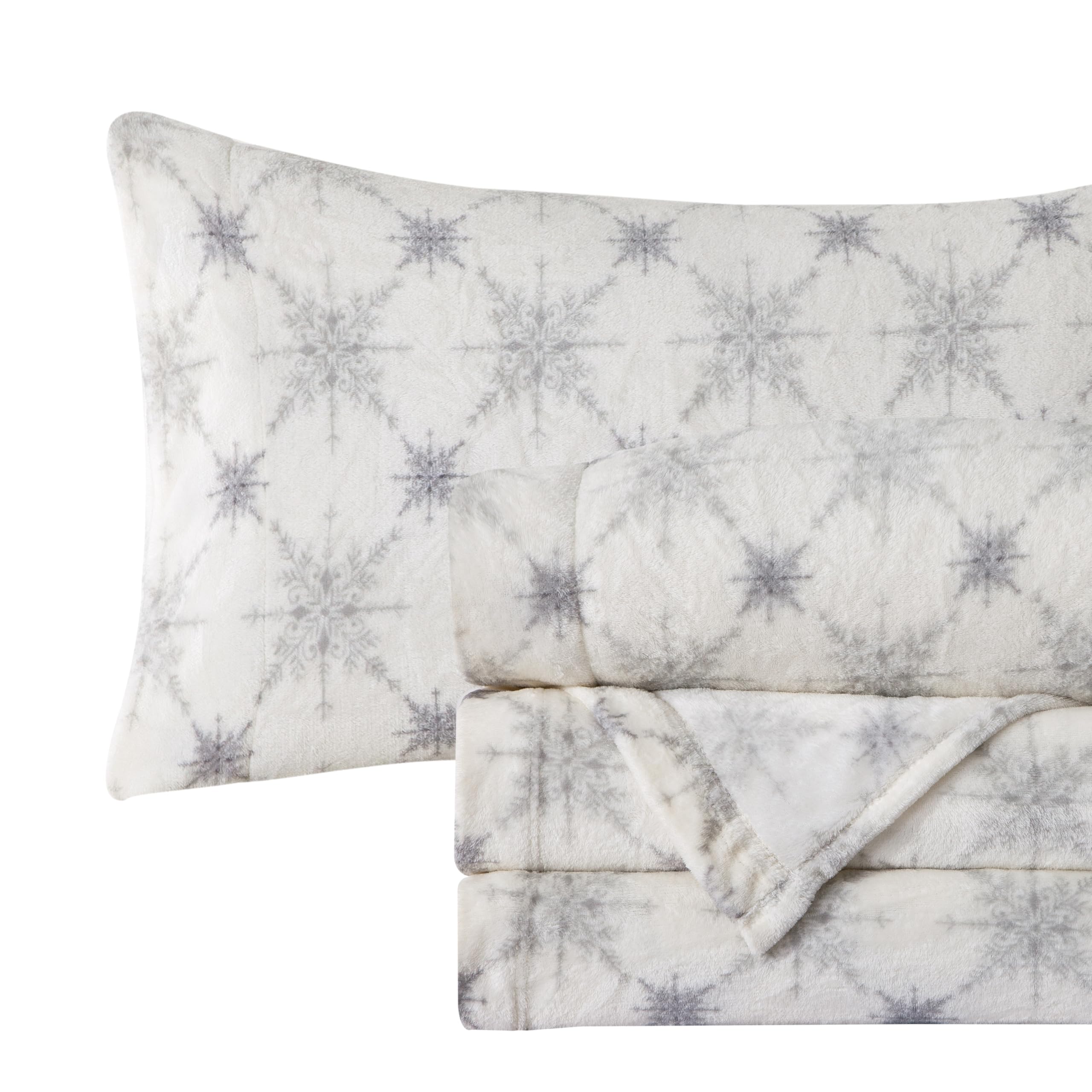 Elegant Comfort Luxuriously Soft 4-Piece Holiday Velvet Plush Flannel Sheet Set - Premium Quality - Cozy Warm, Christmas Fuzzy Velvet Flannel Fleece Deep Pocket Sheet Set - Cal King, Beige Snowflake Image