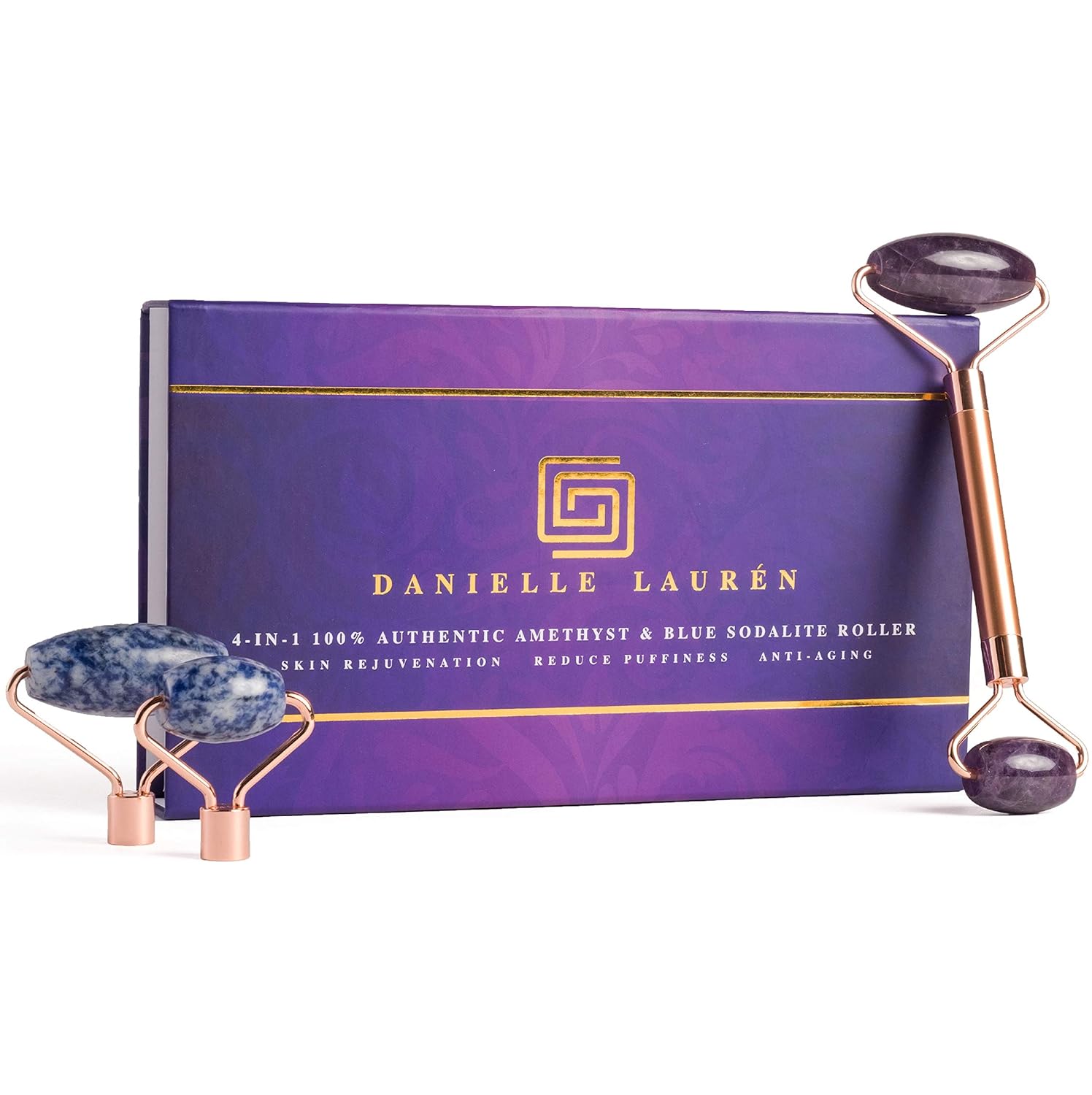 Jade Roller | 4 in 1 Jade Roller For Face | 2019 Updated Design | Natural Amethyst Quartz And Blue Sodalite Roller | Anti Aging Face Roller Massager | Facial Jade Eye Roller | Rose Quartz