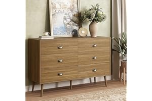 BAZELOR 6 Drawer Dresser,47" Wide Mid Century Dresser for Bedroom,Wooden Chest of Drawers with Vintage-Style Cup Pull for Bed