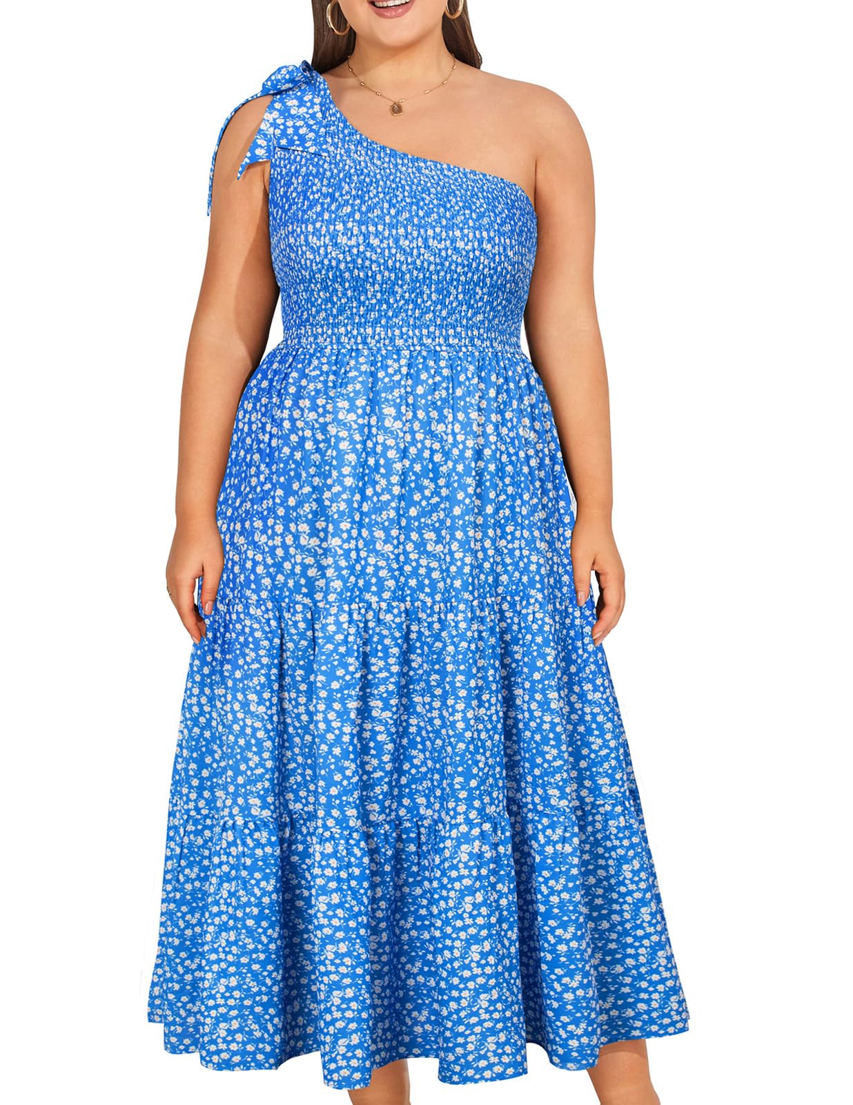 KIMCURVY Plus Size Casual Dresses for Curvy Women Spring Flowy Floral Tiered Maternity Dress with Pockets Blue 24W 5X