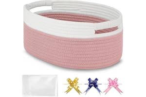 BOSROTY Small Woven Basket with Gift Bags and Ribbons, Empty Gift Basket, Basket for Gifts, Gift Basket for Women Men, Shelf Baskets, Small Cat Dog Pet Toy Basket, 13”x 9”x 5.5”, Dusty Pink