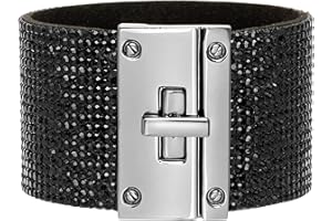 Badgley Mischka Women's Bracelet - Crystal Studded Leatherette Box Clasp Bangle Cuff Wrap Wristband