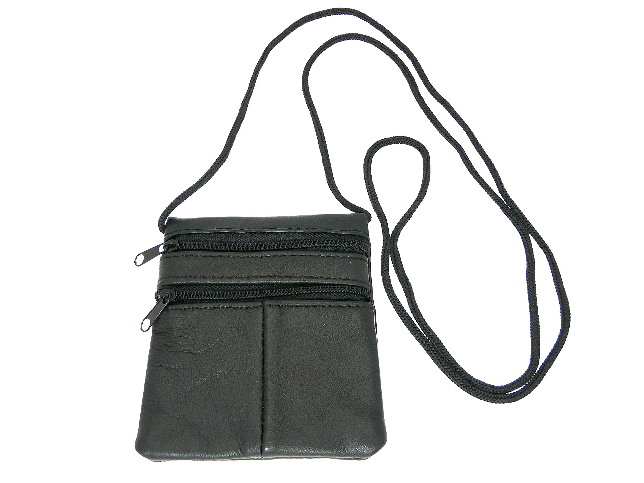 benerini Small Soft Patchwork Leather Neck Purse/Pouch/ID Holder - 2 Zipped Compartments - 1 Transparent Window - Black Leather