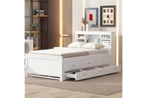 BELLEMAVE Twin Bed Frame with Bookcase Headboard and Charging Station, Wood Captain Bed with Trundle and Storage Drawers for Kids Boys Girls, Noise Free, No Box Spring Needed, White