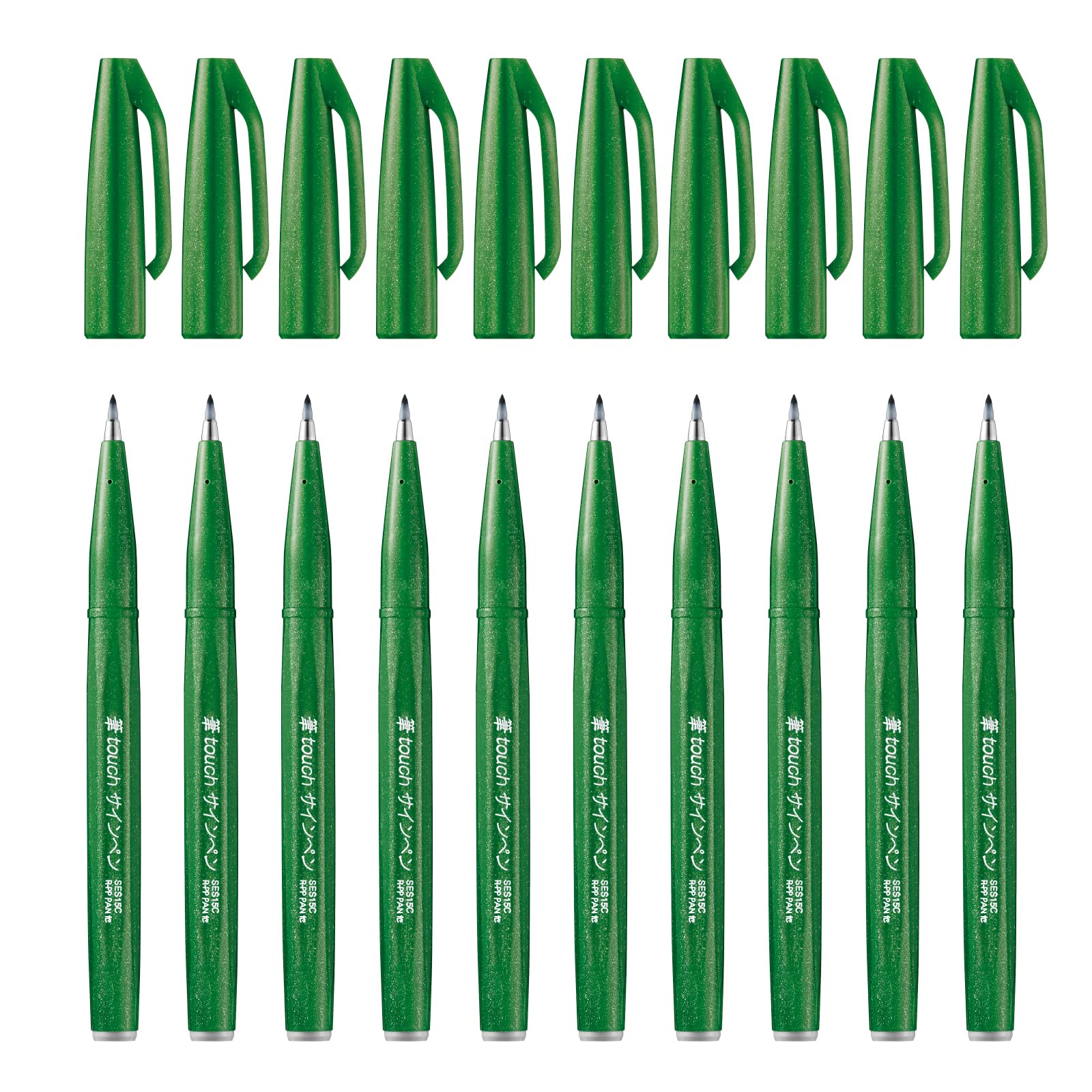 Pentel Brush Sign Pen SES15C-12, Fibre-Tip Pen, Brush-Like Tip 10 olive green