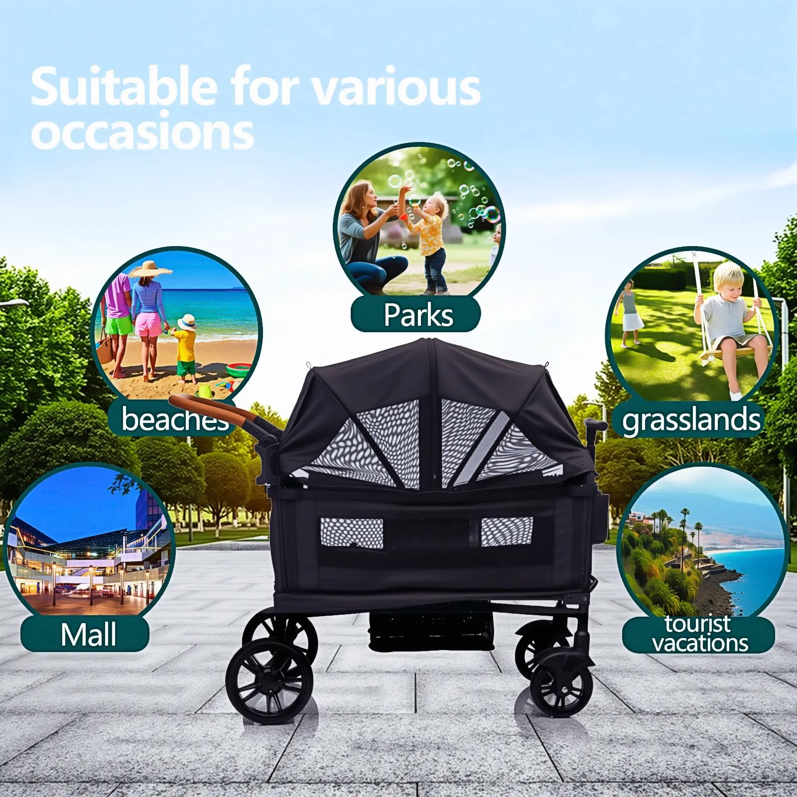 Wagon Stroller for 2 Kids & Cargo-Travel Stroller Push-Pull Double Wagon Lightweight Folding Stroller for Newborn&Toddler with 5-Point Harness,Adjustable Handle Bar and Canopy,Tray Table,Cup Holder