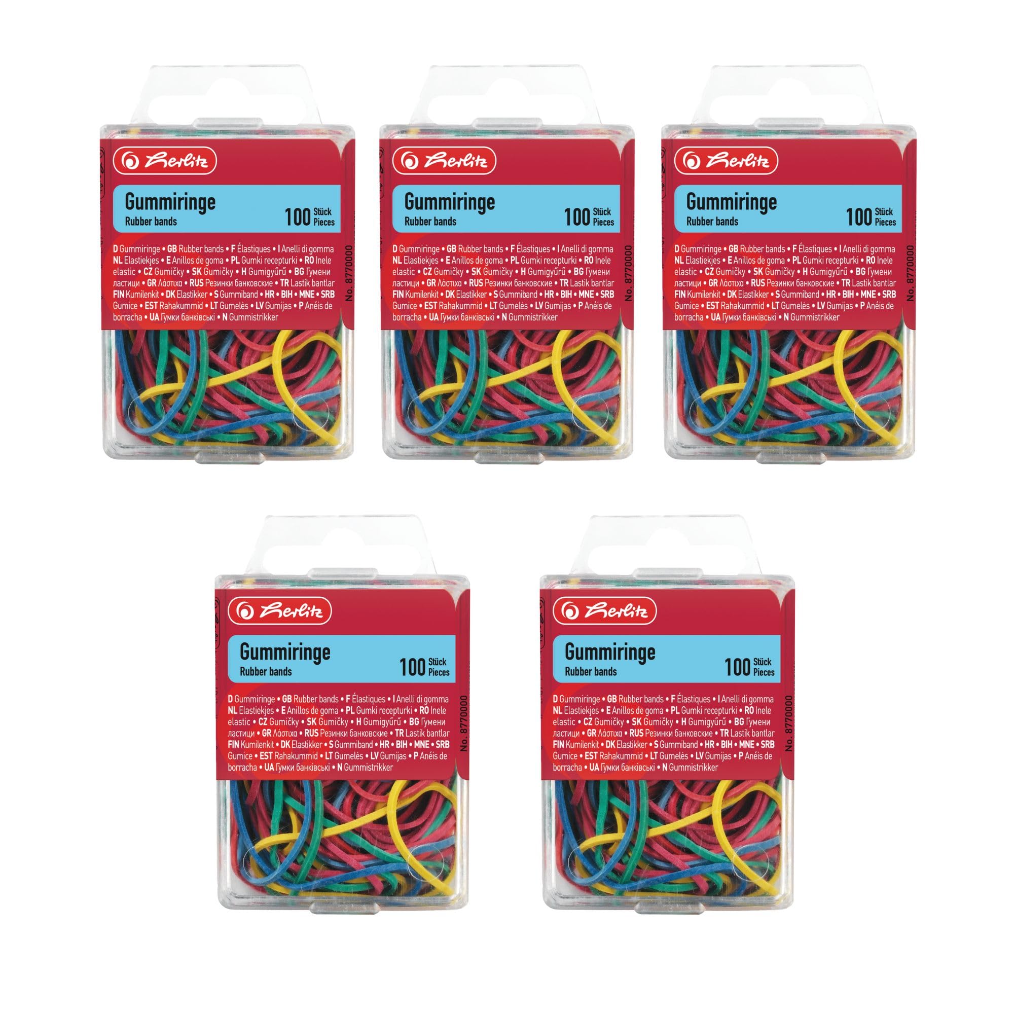 Herlitz 8770000 Rubber Rings 20-70 mm Diameter Pack of 100 Assorted Colours in Hanging Box 5 Boxes