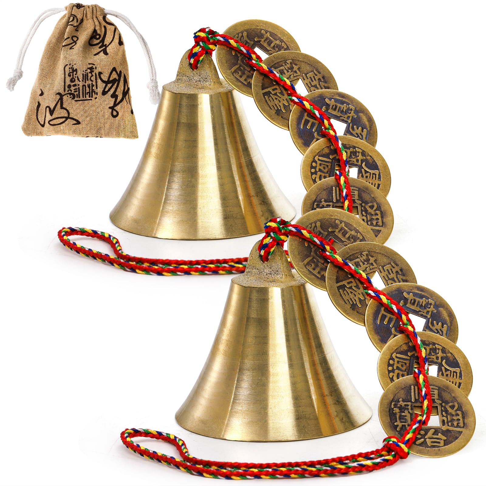 YOUEON 2 Pack Chinese Feng Shui Bell for Wealth and Safe, Chinese Hanging Decor Wind Chimes with Coins for Good Luck, Peace and Success for Indoor Outdoor Patio Front Door