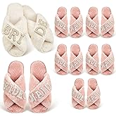 Shihanee 7 Pairs Bride and Bridesmaid Slippers Set Fuzzy White Pink Bridal Slippers Pearl Letter Open Toe for Bridal and Bachelorette Party Gifts