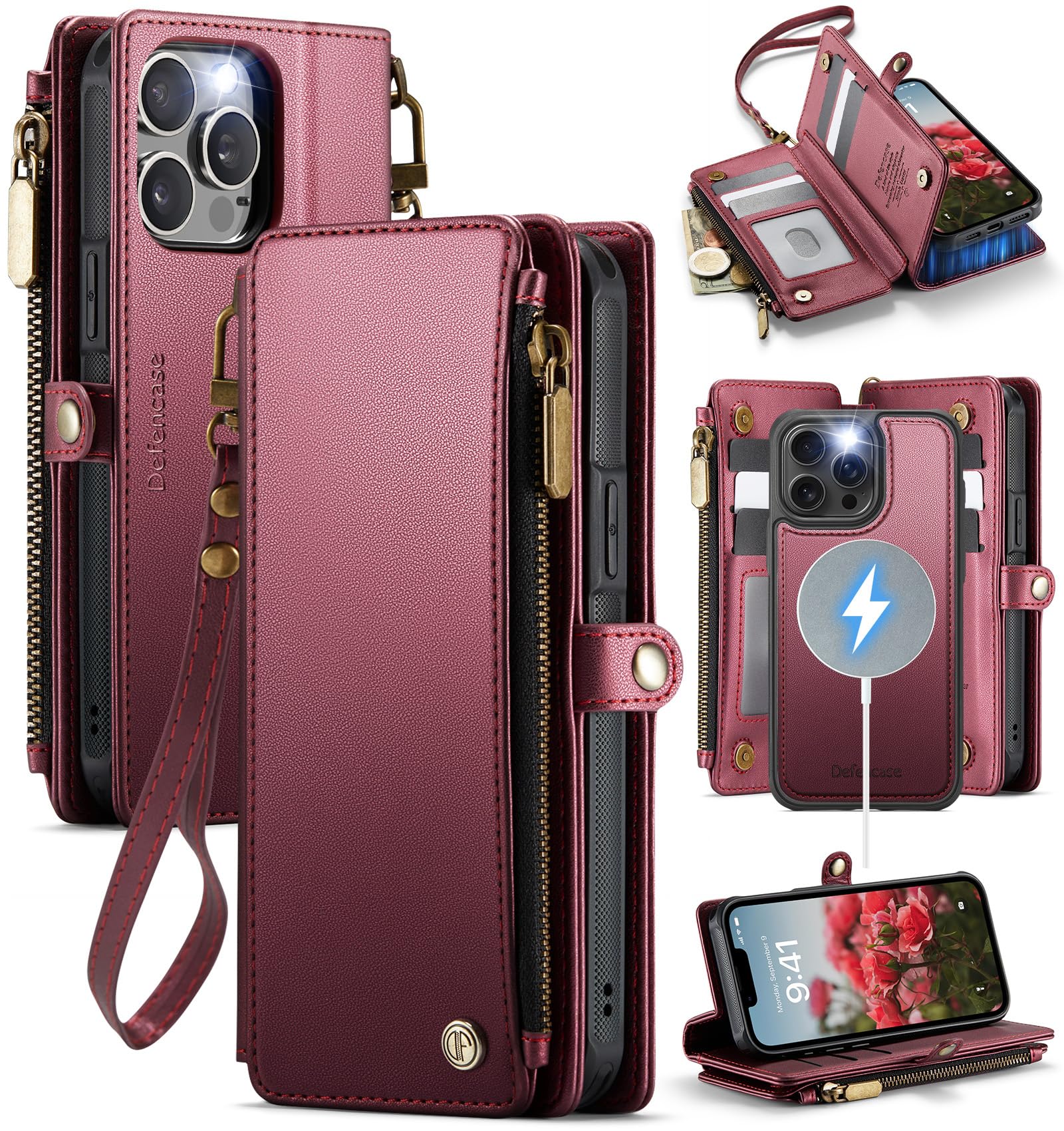Photo 1 of Defencase for iPhone 14 Pro Magnetic Wallet Case Compatible with Magsafe with RFID Blocking Zipper Strap Card Holder for Women, PU Leather Detachable Phone Case for iPhone 14 Pro (6.1 inch), Wine Red