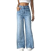heipeiwa Women's Rhinestone Jeans Wide Leg Flare Denim Pants High Waist Sparkle Shiny Sequin Glitter Trouser
