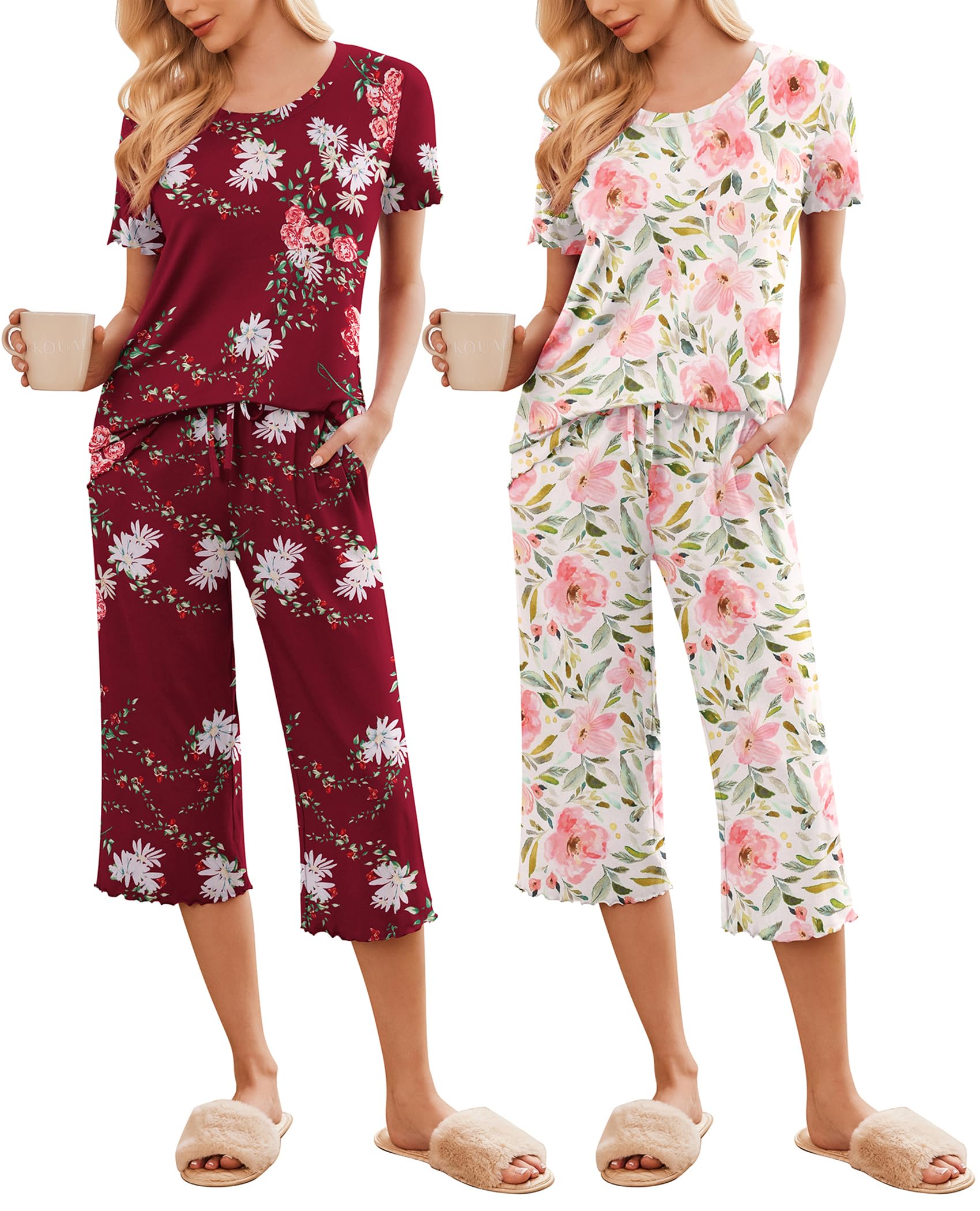 Ekouaer 2 Pack: Women's Set Short Sleeve Pj Top Capri Pants - Pajamas Sets Lounge & Sleepwear Set Wine Flower/Pink Floral,X-Large Image