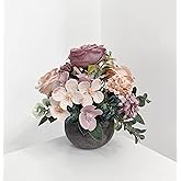 NOMITY Artificial Flowers Mini Potted Plants Kit, Purple Peony Hydrangea Greenery + Paper Pulp Round Vase, Small Fake Plant Potted Decor for Offices, Bookshelf, Bedroom, Living Room, Party, Wedding