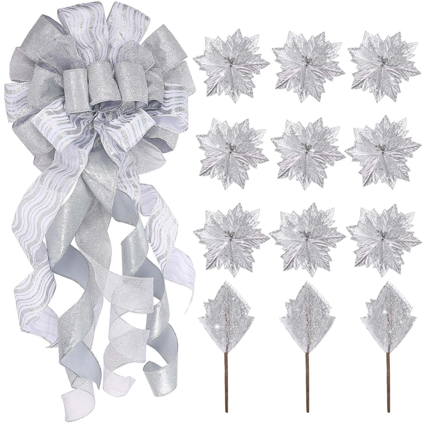 Syhood Christmas Tree Topper Decorations Large Christmas Bows Tree Ornaments and Christmas Tree Flowers for Christmas Holiday Party Decorative (Silver Pure Style,12 x 34 Inch)