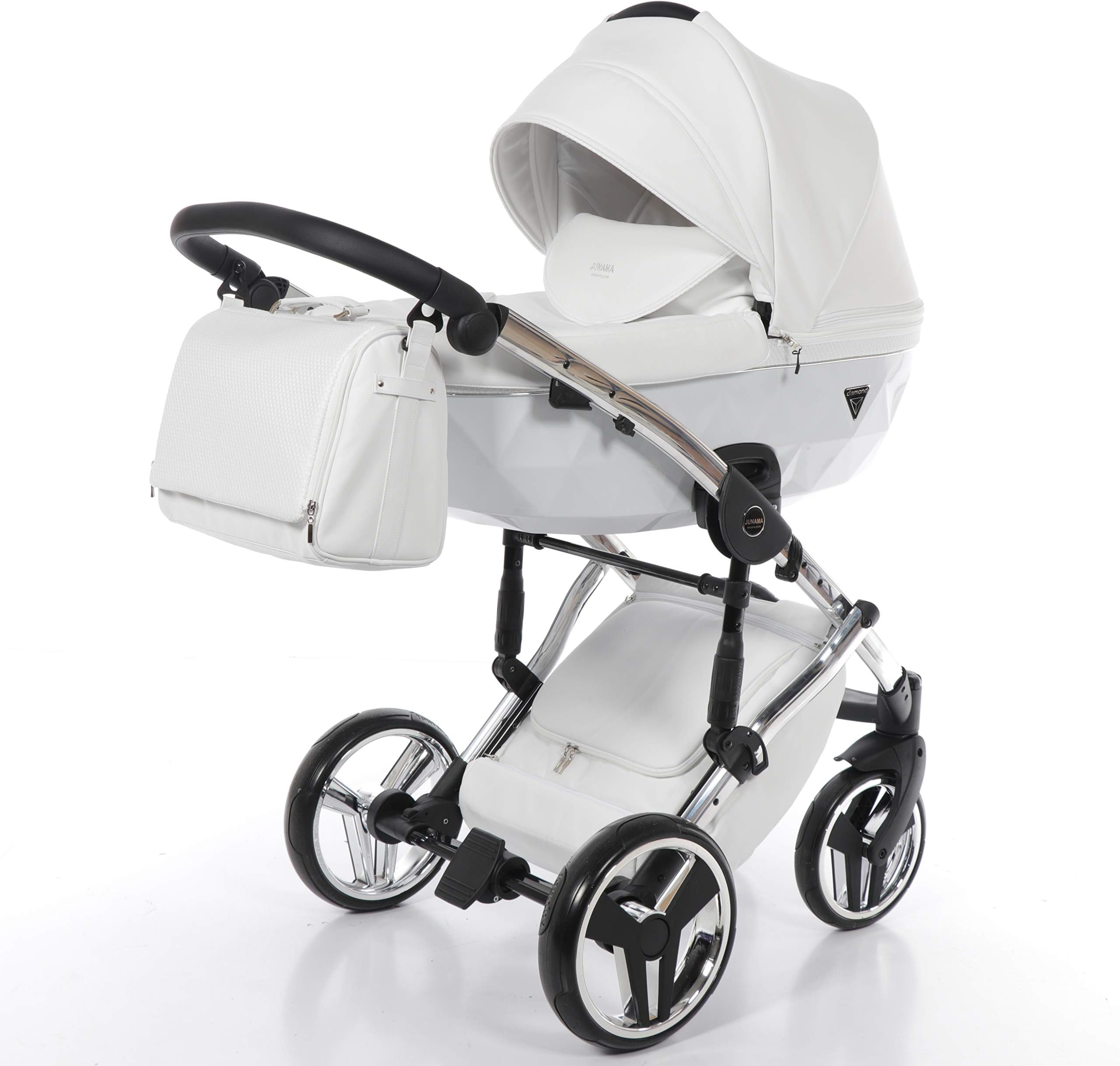 Children's Pram Set JUNAMA Diamond Individual Baby Pram Buggy Baby Seat + Accessories (05 Silber- Weiß, 2IN1)