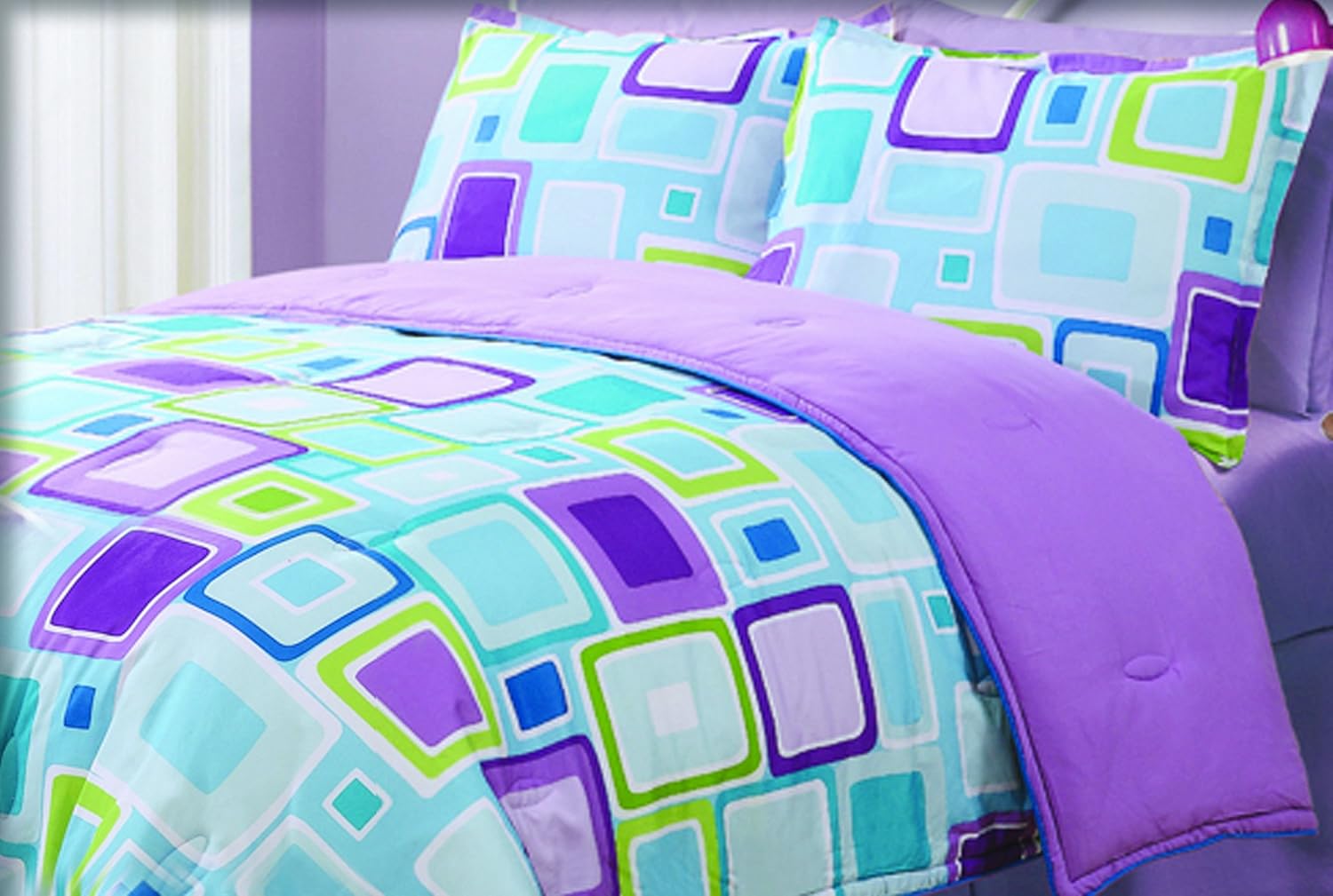 SL Home Fashions Youth Queen Comforters, Aqua Geo Squares