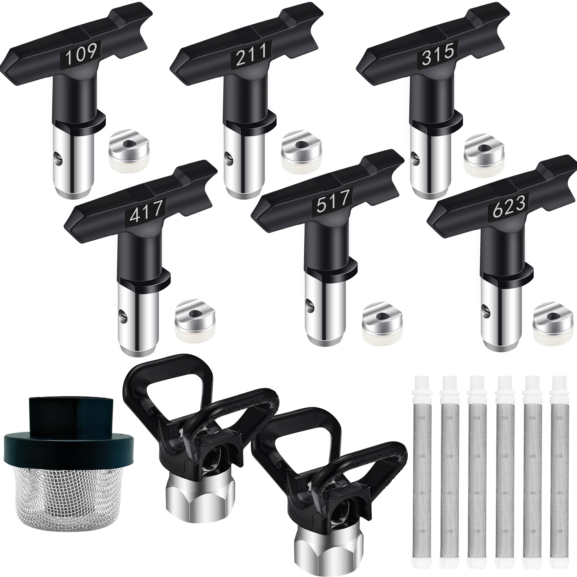 Photo 1 of 15 Pieces Airless Paint Sprayer Tips Set, 6 Reversible Spray Nozzle Tips, 6 Airless Paint Spray Gun Filter,1 Inlet Strainer and 2Pcs Nozzle Tip Guards for Spraying Machine Parts