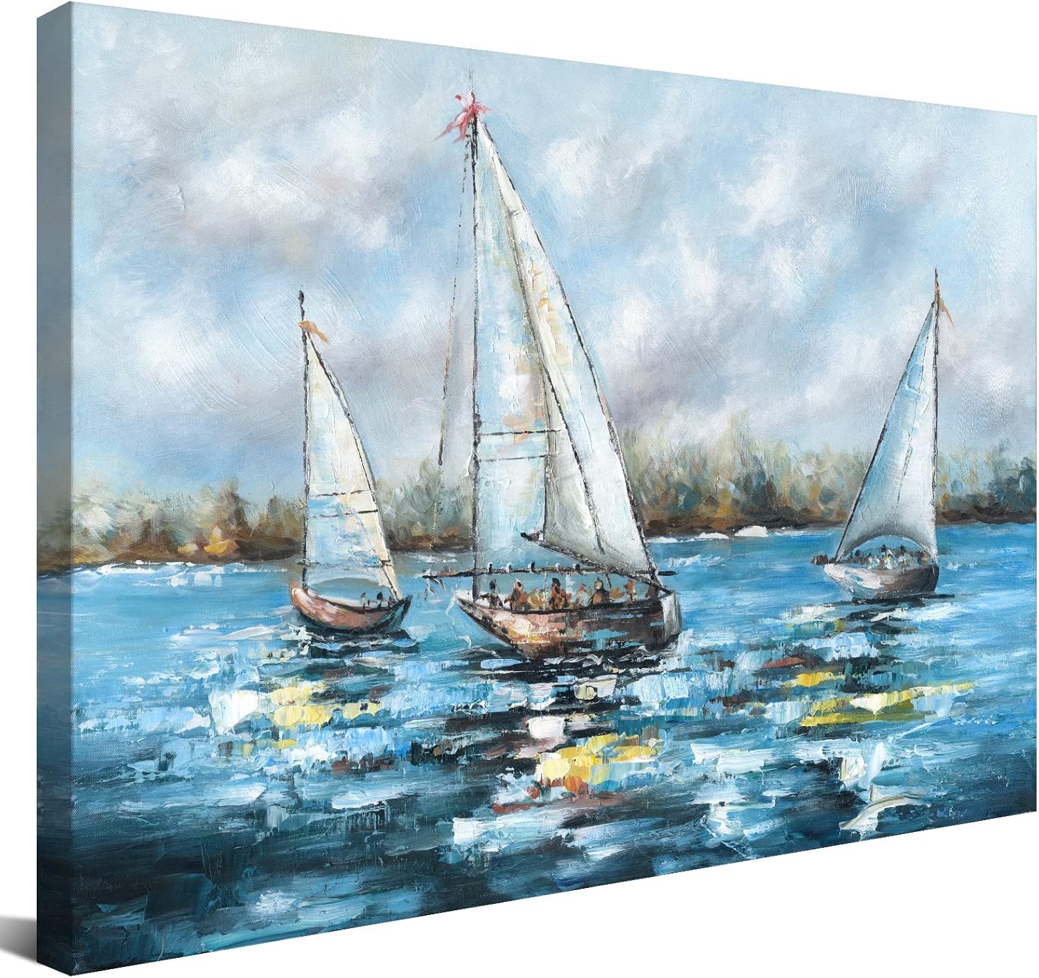 Paintings - JHYAIWL Sailboat Canvas Paintings Wall Art - Ocean Artwork Canvas Abstract Sailboat Seascape Oil Painting with Hand Painted Texuted Gold Foils Sailing Pictures for Living Room Bedroom Office