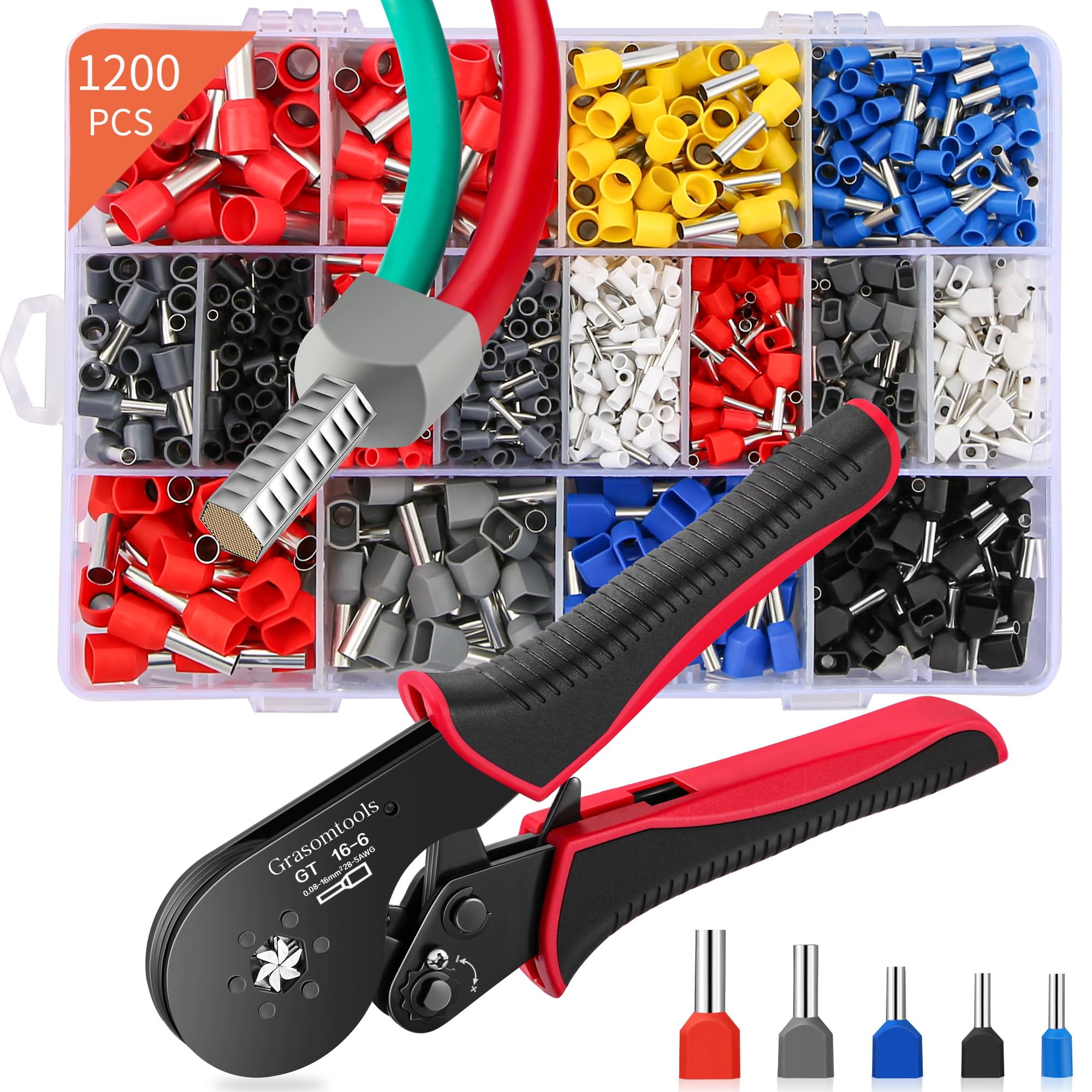 Grasomtools ® Ferrule Crimping Tool Kit, Double & Single Ferrules Connectors,GT16-6 Hexagonal Ratchet Jaw Wire Crimping Pliers AWG 28-5 (0.08-16mm²) with 1200PCS Terminal Connector Sleeves