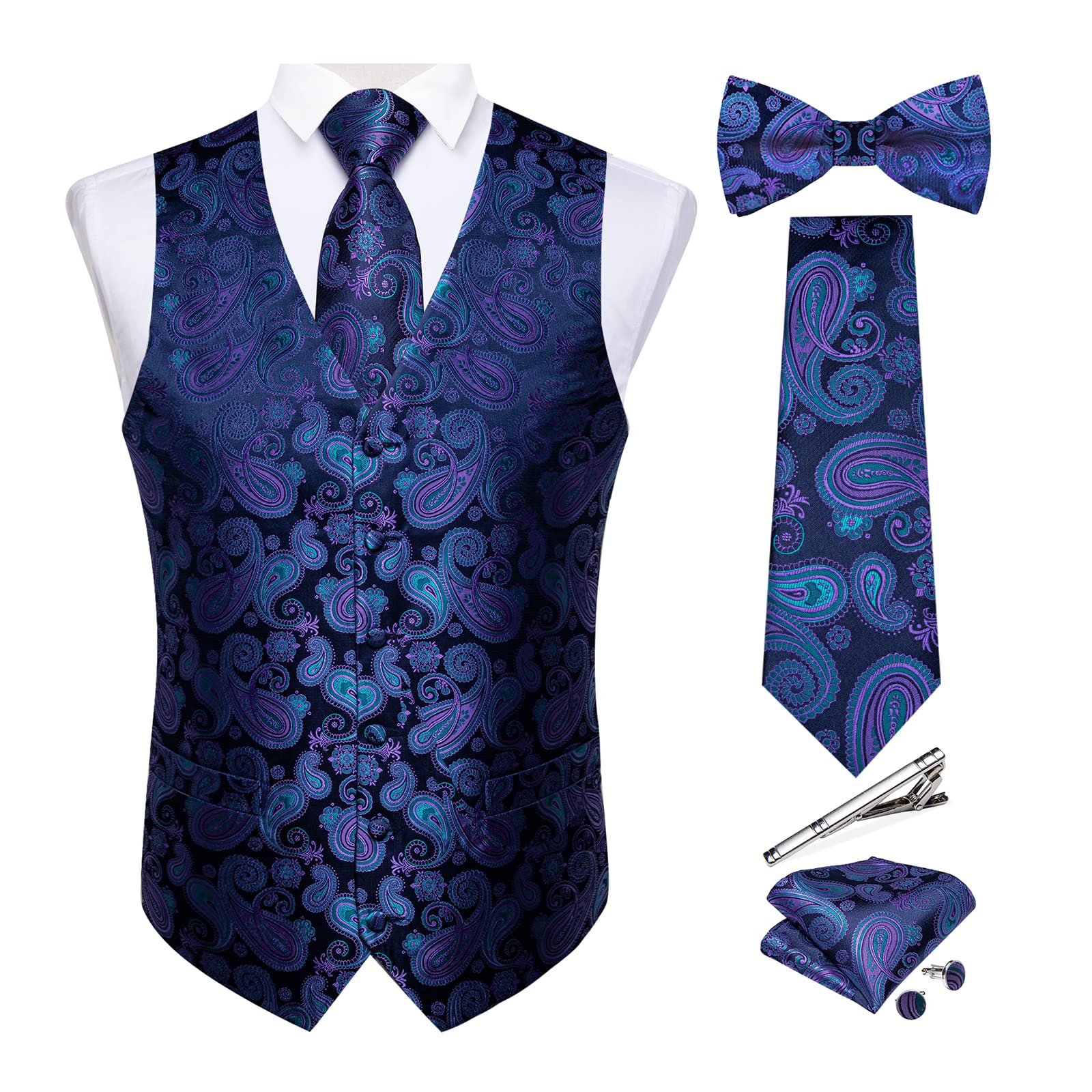 Photo 1 of DiBanGu Men's Blue Purple Paisley Vest and Necktie Set 6PCS Pre-tied Bow Tie Silk Formal Waistcoat for Wedding Party, Blue, M