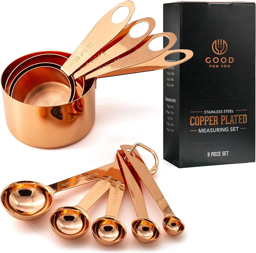 GOOD FOR YOU Copper Plated Stainless Steel Measuring Cups and Spoons Set of 9